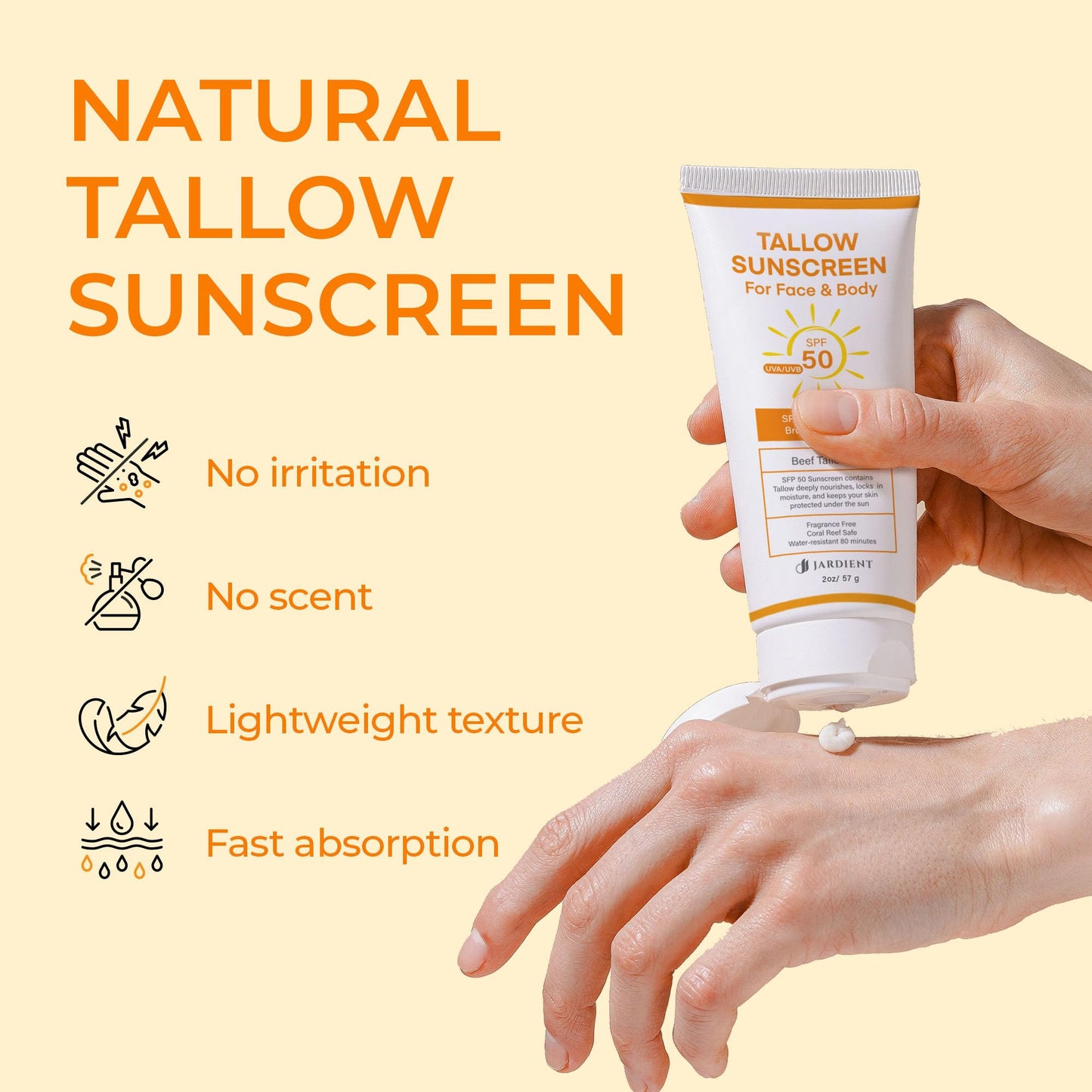 Tallow Sunscreen SPF 50 with Mineral : Instant Sun Protection Zinc Oxide Sunblock- Natural Tallow & Zinc Oxide - Non Greasy Formula with Beeswax 3 Fl oz, 85g