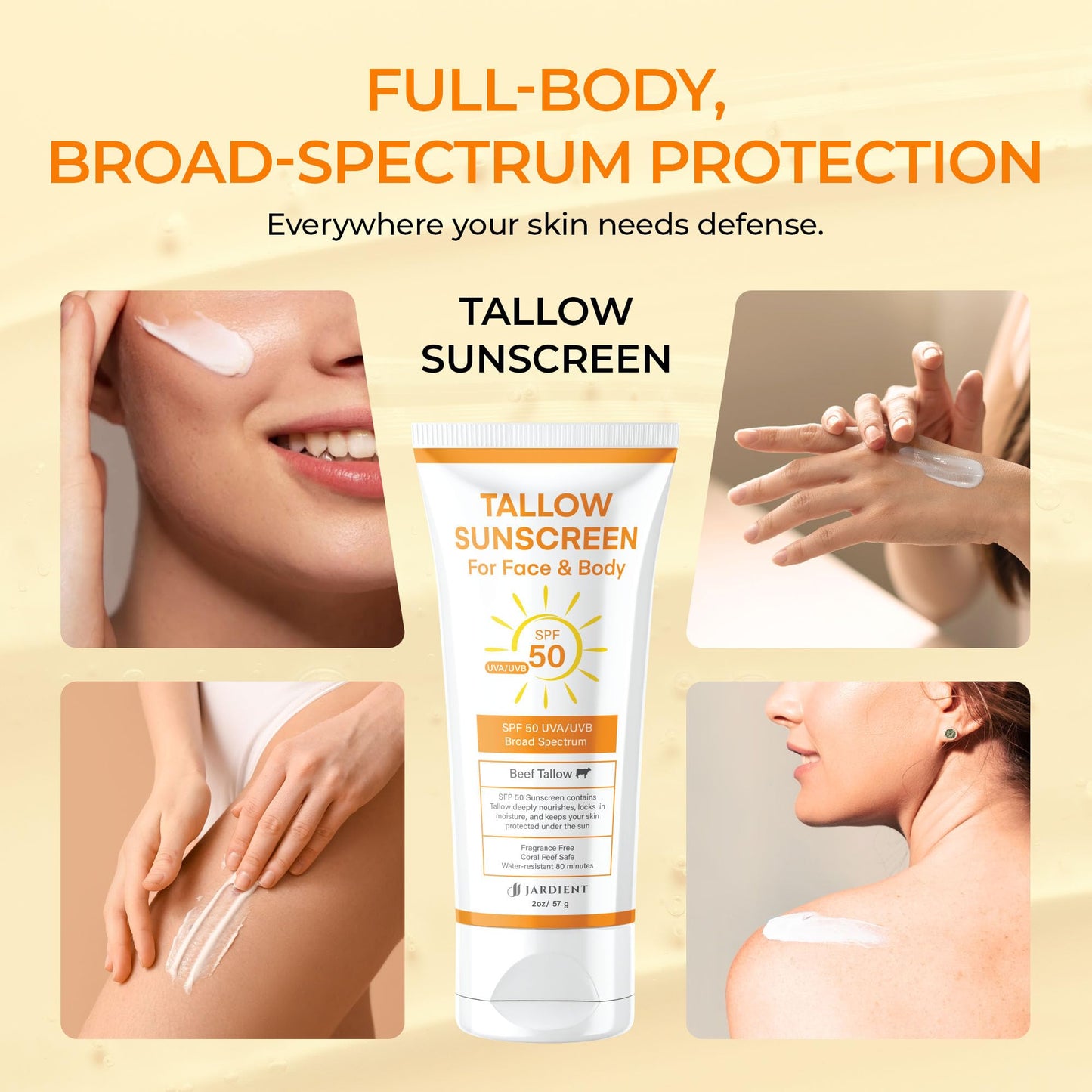 Tallow Sunscreen SPF 50 with Mineral : Instant Sun Protection Zinc Oxide Sunblock- Natural Tallow & Zinc Oxide - Non Greasy Formula with Beeswax 3 Fl oz, 85g